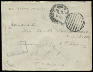 COMMONWEALTH OF AUSTRALIA: Postal History - World War I - Military: 1918 cover to General Birdwood from Simla, India to "Australian Corps, B.E.F, France" with "AUSTN IMP. FORCES/BASE POST OFFICE" backstamp; also a stampless cover signed by Admiral J.M de Robeck (Commander of Naval Forces at Gallipoli) to "Commanding 5th Army, B.E.F, France" with naval security cancel, "PASSED/SHIPS/CENSOR' boxed handstamp and F.P.O. A5 datestamp. [Birdwood commanded the Anzac troops during the Gallipoli campaign