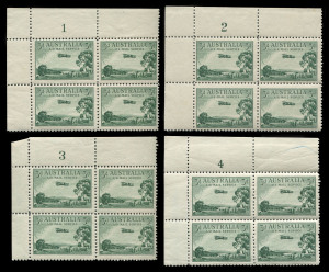 COMMONWEALTH OF AUSTRALIA: Other Pre-Decimals: 1929 (SG.115) 3d Airmail Sheet Stamps Plate Number corner blocks of 4 comprising Type B Plates 1, 3 & 4 (crayon line in selvedge) and Type A Plate 2, all fresh MUH, BW:134za,zc,zd &135zb - Cat $1300.