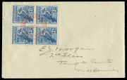 COMMONWEALTH OF AUSTRALIA: Other Pre-Decimals: 1928 (SG.106a) 3d Kookaburra block of 4 (margin at top) with Melbourne International Philatelic Exhibtion '29OC28' FDI cancel in red on cover with exhibition imprint on flap, neatly addressed in pencil, BW.13