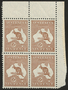 COMMONWEALTH OF AUSTRALIA: Kangaroos - Small Multiple Watermark: 6d Chestnut upper-right corner block of 4, gumside stain on reverse at top, excellent centring, MUH, BW:22A - Cat. $400+.