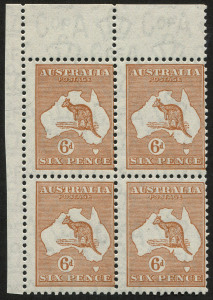 COMMONWEALTH OF AUSTRALIA: Kangaroos - CofA Watermark: 6d Chestnut upper-left corner block of 4, fresh MUH, BW:22A - Cat. $320+.