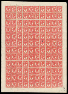 QUEENSLAND: 1897-98 (SG.257) 1d vermilion plain Zig-Zag Roulette complete sheet of 120 (10x12), sheet number "393", internal faults affecting four units and gumside abrasions on a few other units, overall of fine appearance with sheet margins intact and no separations, Cat £2280++. A rare survivor.