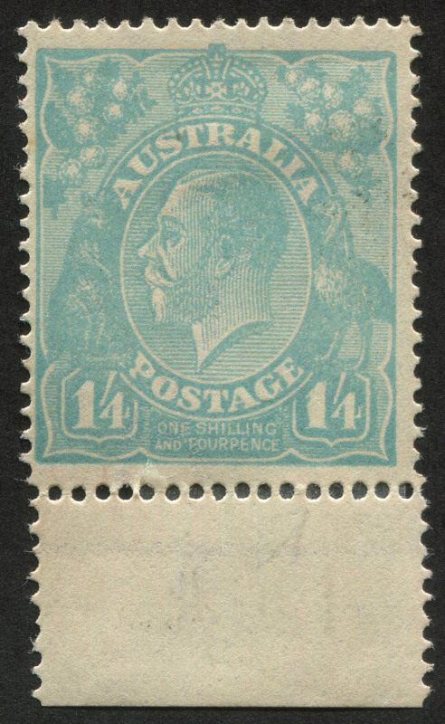 COMMONWEALTH OF AUSTRALIA: KGV Heads - Single Watermark: 1/4d Turquoise-Blue marginal example with variety "Thick '1' at right" [1R57] fine mint, BW:128n - Cat.$600.