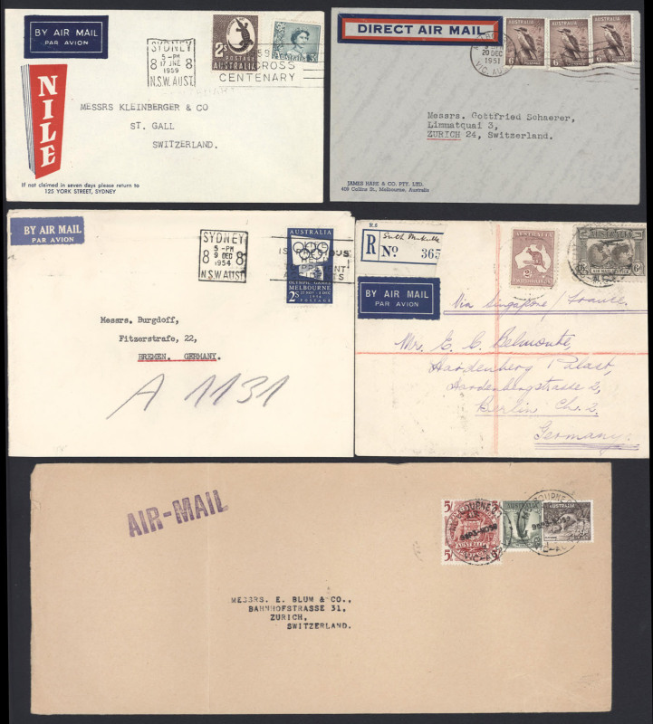 COMMONWEALTH OF AUSTRALIA: Postal History: 1935-61 airmail covers (10) including 1935 registered to Germany with 2/- Roo & 6d Kingford Smith, solo frankings of 1954 2/- Royal Visit & 2/- blue Olympics Publicity and 1956 2/- Olympics (2); also 1959 triple