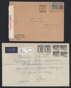 1931-60s covers (9) comprising 1931 PPC from Italy taxed with 1d Due added tied by BOULDER (WA) datestamp, 1940 1/1d airmail rate censored to India, 1943 7½d triple-rate surface cover to USA (3d for 1st oz, plus 2d x2 for the additional 2oz, plus ½d War Tax), 1952 MANUKA (ACT) French Ambassador registered cover to France,