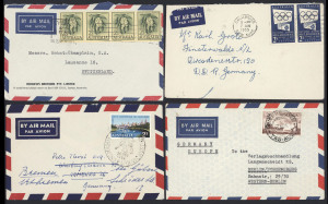 COMMONWEALTH OF AUSTRALIA: Postal History: 1955-63 mostly airmail covers (8) including 1955 2/- Cobb solo to Germany, 1955 2/- Olympic Games Publicity 2/- pair paying double-rate to Germany, 1956 4d Olympics pair paying surface double-rate to India, 1956 2/- Olympics to Germany tied by Olympic Boxing '26NOV/1956' commemorative datestamp, 1957 QEII 4d claret pair paying surface rate to Algeria with customs label on reverse,1963 2/3d Wattle on yellow paper strip of 4 paying 9/- quadruple rate to S
