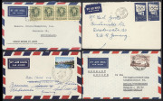 COMMONWEALTH OF AUSTRALIA: Postal History: 1955-63 mostly airmail covers (8) including 1955 2/- Cobb solo to Germany, 1955 2/- Olympic Games Publicity 2/- pair paying double-rate to Germany, 1956 4d Olympics pair paying surface double-rate to India, 1956 