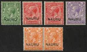 NAURU: 1916-23 Overprints on GB KGV ½d yellow-green, 1d bright scarlet, 1d carmine-red, 2d orange Die I (pair) and 3d bluish violet all with variety "short left stroke to N" [R1/8], fine mint Cat. £200+ (see Gibbons footnote).