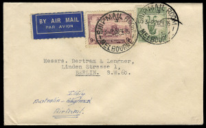 COMMONWEALTH OF AUSTRALIA: Other Pre-Decimals: February 1935 usage of 9d Macarthur (+ 1/- Large Lyrebird) on small airmail cover from a Patent Attorney in Melbourne (imprint on flap) to Berlin endorsed "Australia-Italy/Airmail", the adhesives tied by SHIP MAIL ROOM/MELBOURNE datestamp, fine condition. Desirable stamp on commercial cover, Cat.$400.