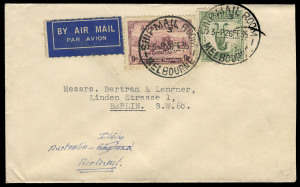 COMMONWEALTH OF AUSTRALIA: Other Pre-Decimals: February 1935 usage of 9d Macarthur (+ 1/- Large Lyrebird) on small airmail cover from a Patent Attorney in Melbourne (imprint on flap) to Berlin endorsed "Australia-Italy/Airmail", the adhesives tied by SHI