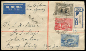 COMMONWEALTH OF AUSTRALIA: Other Pre-Decimals: March 1932 usage of 6d Kingsford Smith overprinted OS (+ unoverprinted 2d & 3d Harbour Bridge) on small registered airmail cover to New Zealand, the adhesives tied by multiple TOOWOOMBA (Qld) datestamps, black/blue registration label, on reverse TOOWOOMBA, BRISBANE & SYDNEY transits & WHAKATANE arrival datestamp. Elusive stamp on cover, Cat.$275.