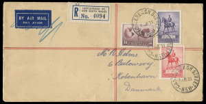 COMMONWEALTH OF AUSTRALIA: Other Pre-Decimals: June 1935 usage of 2/- Jubilee (+ 1/6d Hermes & 2d Jubilee) on double-rate registered jusq'ua airmail cover from Sydney to Denmark, adhesives tied by SHIP MAIL ROOM/MELBOURNE datestamp, KOBENHAVN arrival backstamp, very fine condition. Elusive stamp on commercial cover, Cat.$400.