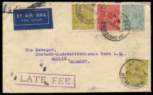 COMMONWEALTH OF AUSTRALIA: KGV Heads - CofA Watermark: March 1937 usage of 1/4d Greenish-Blue in combination with 4d Greenish-Olive (2) & 2d red on inter-bank airmail cover to Germany, boxed 'LATE FEE' handstamp in violet, stamps tied by multiple LATE FEE/MELBOURNE datestamps. Attractive franking, the 1/4d Cat.$300 on cover.