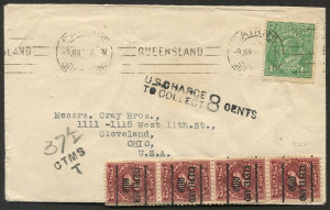 COMMONWEALTH OF AUSTRALIA: KGV Heads - Single Watermark: 1926 (Jan.9) usage of 1½d Green on an underpaid Burns Philp cover to USA, the adhesive tied by CAIRNS machine cancel, tax handstamps applied on arrival with 2c Dues strip of 4 pre-cancelled "CLEVELAND/OHIO" added, fine condition.