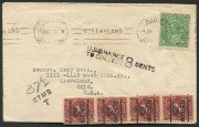COMMONWEALTH OF AUSTRALIA: KGV Heads - Single Watermark: 1926 (Jan.9) usage of 1&frac12;d Green on an underpaid Burns Philp cover to USA, the adhesive tied by CAIRNS machine cancel, tax handstamps applied on arrival with 2c Dues strip of 4 pre-cancelled "CLEVELA