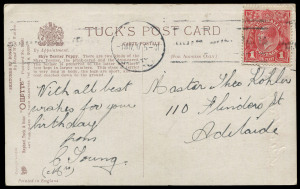 COMMONWEALTH OF AUSTRALIA: KGV Heads - Single Watermark: Nov. 1917 use of Smooth Paper 1d Rose-Carmine with variety "Flaw under neck" [VII/37] BW:71L(4)h on PPC to Adelaide, indistinct machine cancel does not impinge on the flaw. Nice item.