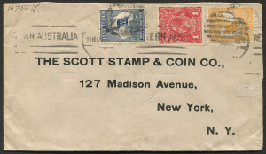 COMMONWEALTH OF AUSTRALIA: Postal History: 1914 (Nov 11) triple-rate printed cover to Scott Stamp & Coin Co with attractive tri-colour franking comprising Roos First Wmk 4d orange and 2½d plus KGV 1d red paying the correct 7½d rate, adhesives tied by indistinct PERTH (?) machine cancel, cover with small edge tear.
