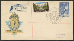 COMMONWEALTH OF AUSTRALIA: First Day & Commemorative Covers: 1956 (Nov. 22) registered cover with 1/- & 7½d Olympics tied by OLYMPIC PARK "View of Stadia" '22NOV/1956" commemorative datestamp APM:1171, "Richmond Park Kiosk 3/XVI Olympiad, Vic., Aust." registration label numbered "0002", addressed to dealer Eugene Stanley and in very fine condition. Sought-after "low number" registration label.
