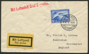 GERMANY - Postal History: 1930 (June 15) cover to England with 2m Zeppelin "SUDAMERIKA FAHRT" Mi:438 tied by LUFTSCHIFF/GRAF ZEPPELIN datestamp, "Mit Luftschiff Graf Zeppelin" one-line handstamp in red, black on yellow airmail label, cover was dropped ov