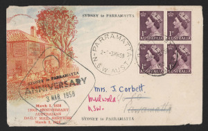 1947-70 Selection with Private Producer incl. Haslem FDC 1951 with KGVI 3d green pair, Collingridge Rivett 1958 (Mar.3) Sydney to Parramatta Anniversary numbered "65" of 70 issued, Malecki 1963 for Poland Millennium with 2/3d Watttle, 1953 ALFIL (Spain) Tasmanian Stamp Centenary, 1965 Marq (2, cachets different colours) with 5d Churchill pairs, etc; some tones, generally fine.