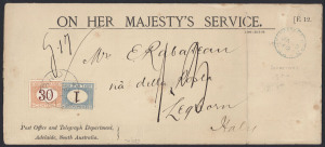 SOUTH AUSTRALIA - Postal History: 1889 (Jan.3) stampless OHMS Post Office & Telegraph Department cover with clearly discernible strike of "SECRETARY GPO/SA" datestamp in blue, addressed to Leghorn (Livorno), Naples transit backstamp, taxed on arrival wit