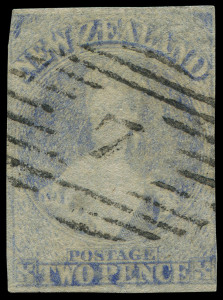 NEW ZEALAND: 1862-63 (SG.83) No Watemark Pelure Paper 2d pale ultramarine, margins largely complete (just shaved at upper-left), well struck Bars '7' cancel, Cat.£800. Fine and rare. BPA Certificate (1937).
