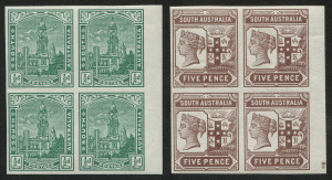 SOUTH AUSTRALIA: Colour Trials in imperforate marginal blocks of 4 comprising 1894-1906 Tannenberg 5d in brown and 1899 &frac12;d GPO block of 4 in deep green, both on unwatermarked paper, with full unmounted gum. (2 blocks)