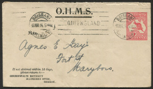COMMONWEALTH OF AUSTRALIA: Postal Stationery: 1913-14 1d Kangaroo Type 1 Original Die (with a couple of "extra islands" in Bass Strait) for user Commonwealth Maternity Allowance Office, addressed to Maryborough, BRISBANE machine cancel, BW:EO1A - Cat. $250.