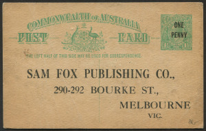 COMMONWEALTH OF AUSTRALIA: Postal Stationery: 1923 "ONE/PENNY" on 1½d Emerald-Green BW:P59 with printed advice for Sam Fox Publishing Co (Melbourne), a tad aged/soiled, unused, Cat.$500.