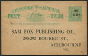 COMMONWEALTH OF AUSTRALIA: Postal Stationery: 1923 "ONE/PENNY" on 1&frac12;d Emerald-Green BW:P59 with printed advice for Sam Fox Publishing Co (Melbourne), a tad aged/soiled, unused, Cat.$500.