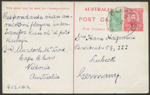 COMMONWEALTH OF AUSTRALIA: Postal Stationery: 1911 Scenic Views of Victoria Setting 1 ("P" of "POST" 5mm from dividing line) 1d carmine-red view "Gold Dredging, Victoria" BW:P21(10), uprated with ½d Bantam in 1912 (Dec.12) for transit from CAPE CLEAR (Vic) to Germany, fine condition.
