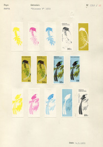 PAPUA NEW GUINEA: PROOFS: 1972 (SG.237-240) Birds of Paradise (Fauna Conservation): Couvoisiers' original colour separations and completed designs, all are imperforate and affixed to the official Archival album pages [numbered 1315/11 & 1316/12] in the f