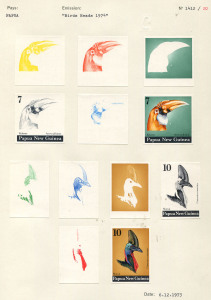 PAPUA NEW GUINEA: PROOFS: 1974 (SG.270-272) Birds Heads: complete set of Couvoisiers' original colour separations and completed designs, all are imperforate and affixed to the official Archival album pages [numbered 1412/20 & 1413/21]. The 30c New Guinea