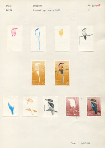 PAPUA NEW GUINEA: PROOFS: 1981 (SG.401-05) Kingfishers (Fauna Conservation): complete set of Couvoisiers' original colour separations and completed designs, all are imperforate and affixed to the official Archival album pages [numbered 1777/5 & 1778/6]. 