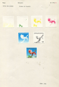 PAPUA NEW GUINEA: PROOFS: 1984 (SG.452) K5 Bird of Paradise (High Value Definitive): Couvoisiers' original colour separations and completed design, all are imperforate and affixed to the official Archival album page [numbered 1963]. Superb & UNIQUE. (7)