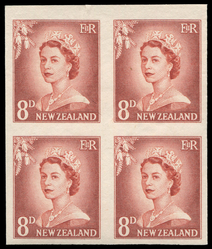 NEW ZEALAND: Plate Proofs: 1955-59 (SG.749 & 751) QEII Large Figures 4d blue and 8d chestnut (issued colours) imperforate plate proof blocks of 4 on thick card. (2 blocks)