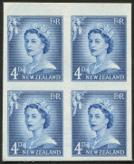 NEW ZEALAND: Plate Proofs: 1955-59 (SG.749 & 751) QEII Large Figures 4d blue and 8d chestnut (issued colours) imperforate plate proof blocks of 4 on thick card. (2 blocks) - 2