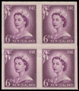 NEW ZEALAND: Plate Proofs: 1953-59 (SG.723, 746 & 751) QEII Small Figures ½d slate-black and Large Figures 1½d brown-lake and 6d purple imperforate plate proof blocks of 4 on gummed watermarked paper, minor gum bends 6d, fresh MUH. (3 blocks)
