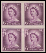 NEW ZEALAND: Plate Proofs: 1953-59 (SG.723, 746 & 751) QEII Small Figures &frac12;d slate-black and Large Figures 1&frac12;d brown-lake and 6d purple imperforate plate proof blocks of 4 on gummed watermarked paper, minor gum bends 6d, fresh MUH. (3 blocks)