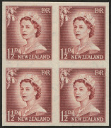 NEW ZEALAND: Plate Proofs: 1953-59 (SG.723, 746 & 751) QEII Small Figures ½d slate-black and Large Figures 1½d brown-lake and 6d purple imperforate plate proof blocks of 4 on gummed watermarked paper, minor gum bends 6d, fresh MUH. (3 blocks) - 2