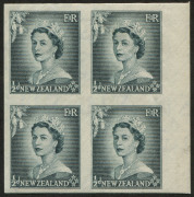 NEW ZEALAND: Plate Proofs: 1953-59 (SG.723, 746 & 751) QEII Small Figures &frac12;d slate-black and Large Figures 1&frac12;d brown-lake and 6d purple imperforate plate proof blocks of 4 on gummed watermarked paper, minor gum bends 6d, fresh MUH. (3 blocks) - 3