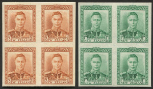 NEW ZEALAND: Plate Proofs: 1938-44 (SG.604 & 606) KGVI imperforate plate proof blocks of 4 in issued colours comprising ½d orange-brown on card & 1d green on gummed watermarked paper, very fine. (2 blocks).