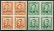 NEW ZEALAND: Plate Proofs: 1938-44 (SG.604 & 606) KGVI imperforate plate proof blocks of 4 in issued colours comprising &frac12;d orange-brown on card & 1d green on gummed watermarked paper, very fine. (2 blocks).