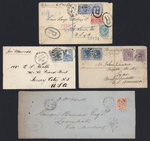 NEW SOUTH WALES - Postal History: 1874-1906 group of covers with three to USA comprising 1874 from Cresford with 6d (2) & 2d (2) & manuscript registration marking,1894 from Sydney endorsed "per Alameda", 1906 Burrumbuttock registered with stamps tied by BN "1350" cancels; also an 1883 OHMS local cover to Loombah with fine YULLUNDRY departure and MOLONG transit datestamps; some condition issues. (4 covers)
