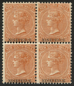 NEW SOUTH WALES: 1871-1902 (SG.220b) 9d on 10d Perf.12 marginal block of 4, lower right unit with "Damaged frame line at lower left", fresh MUH. Scarce multiple.