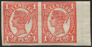 QUEENSLAND: 1907-11 (SG.288a) Wmk Crown/A 1d vermilion "Imperforate pair". fine mint, Cat. £400.