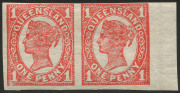 QUEENSLAND: 1907-11 (SG.288a) Wmk Crown/A 1d vermilion "Imperforate pair". fine mint, Cat. &pound;400.