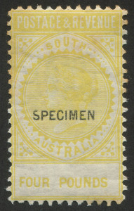 SOUTH AUSTRALIA: 1886-96 (SG.203) &pound;4 lemon Perf.10 with "Broken "S" in the 12&frac12;x2mm "SPECIMEN" overprint, some gumside edge tones, full gum.