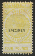 SOUTH AUSTRALIA: 1886-96 (SG.203) &pound;4 lemon Perf.10 with "Broken "S" in the 12&frac12;x2mm "SPECIMEN" overprint, some gumside edge tones, full gum.