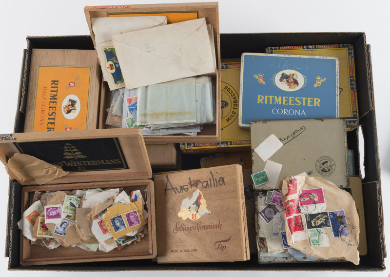 REST OF THE WORLD - General & Miscellaneous Lots: 1900s-1970s world accumulation in well-filled carton with stamps in cigar boxes, tins or loose, lots of 1970s era retail stamp packs including several from China, plus North Vietnam, North Korea & Macau